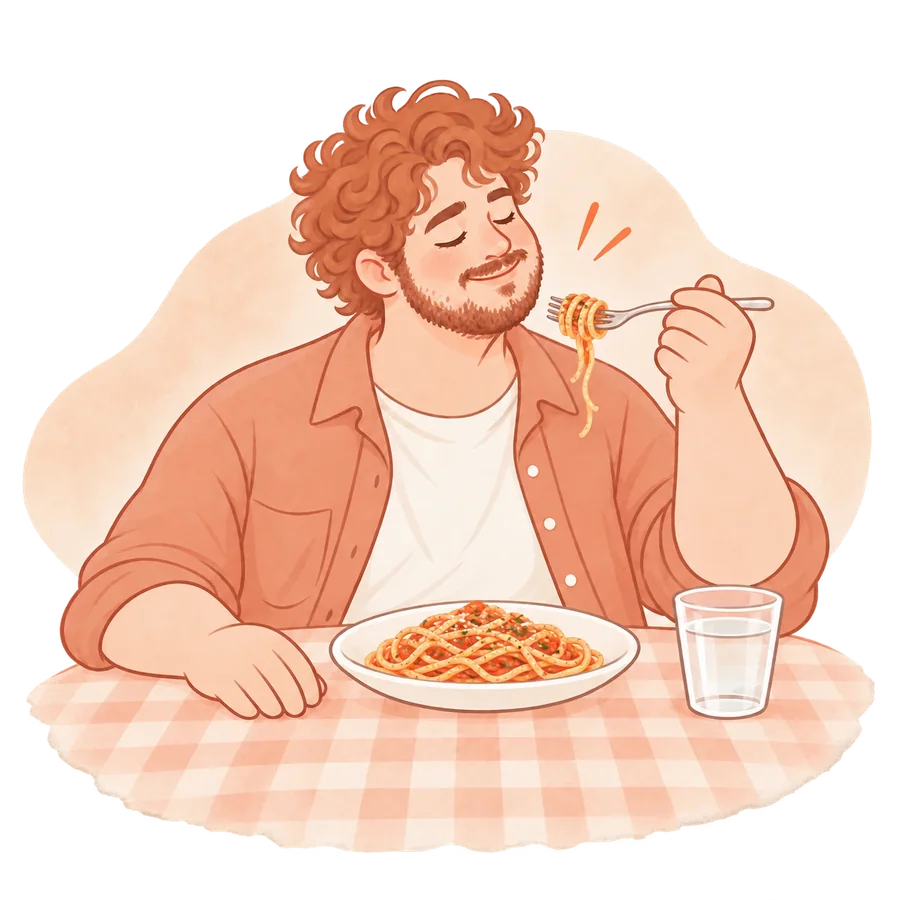 Illustrazione: un ragazzo a tavola assapora a occhi chiusi un piatto di spaghetti al pomodoro